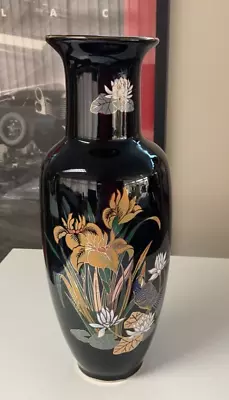 Vintage Japanese Vase Black Gold Flower Lilies & Bird Hand Painted 11in Tall Gc • £30