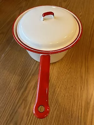 Vintage Enamelware Pot W/ Lid & Handle White W/ Red Trim  9”x5”  • $7