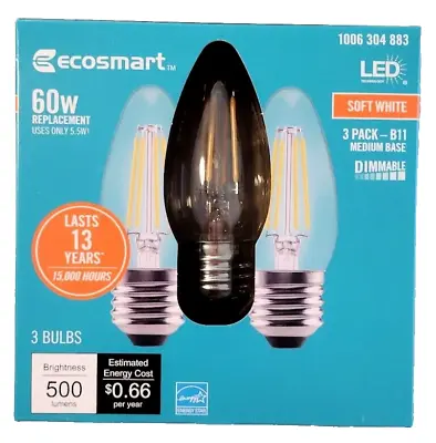 Ecosmart 60W B11 LED Soft White Dimmable Medium Base 3 Pack • $15.99