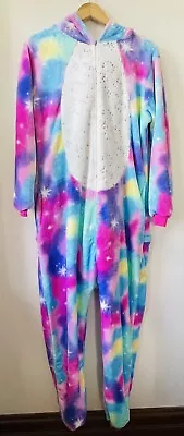 $50 • Buy Adult Unicorn One Piece Pyjamas Sz Adult L XL  Polar Fleece  Tie Dye Costume EUC