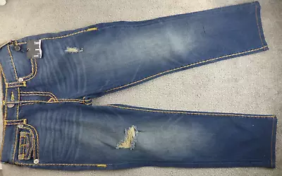 True Religion Geno Relaxed Slim Blue Jeans 32 Flap Pockets Gold Stitch Distrest • $87