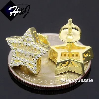 Men 925 Sterling Silver Icy Baguette Cz Gold Plated 3d Star Stud Earring*ge226 • $35.99