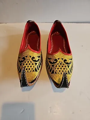 Men's Leather Aladdin Khussa Mojari Indian Loafers Slip On Golden Wedding Shoes • £20
