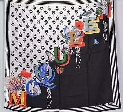 New Alexander McQueen 665692 Black BIKER FUN FONT Twill Silk Skull Floral Scarf • $326.36