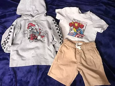 Boys Clothes - Mario Kart Grey Hoodie/Marvel T-shirt/Beige Shorts Age 3-4 Years • £0.99