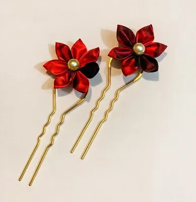 $12.99 • Buy 2 Pc/set Japanese Kanzashi Hair Fork Stick In Red Color Flower Design