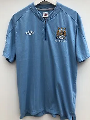 MANCHESTER CITY UMBRO Football Shirt Blue 1/4 Zip Training Short Sleeve Mens XL • £19.95