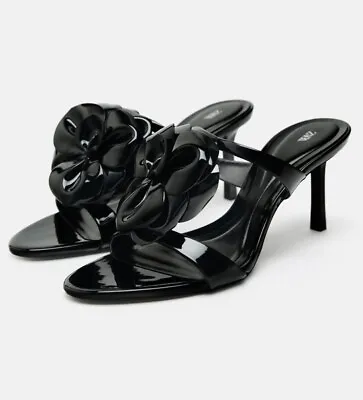 New ZARA Womens HIGH-HEEL Sandals With Floral Details In Black US SIZE 9 • $35.99