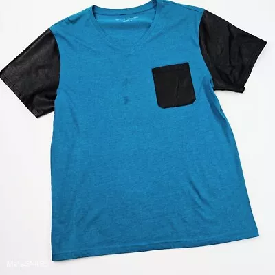 X S Ive Pocket T Shirt Men's XL Heather Blue Black Crew Vegan Leather Arms Stain • $15
