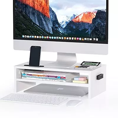 2-Tier White Wood Monitor Stand With Storage Desktop Ergonomic Riser With Ce... • $28.66