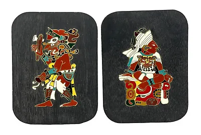 Vintage Cre Art S.A Mexico Wall Art Plaques Enamel On Brass Wood Mayan Gods • $49.95