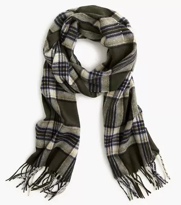 JCREW Cashmere Scarf Olive Plaid Pure 100% Tartan Check Green Ivory Muffler Wrap • $46.80