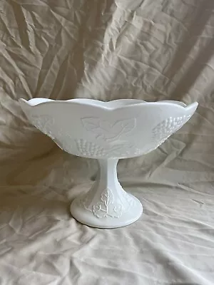 Vintage White Milk Glass Grape Relief Pattern Pedestal Fruit Compote Bowl • $12