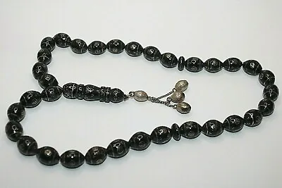 Misbaha 33 Prayer Beads Natural Black Coral Yusr Arabic Red Sea Inliad Silver • $153