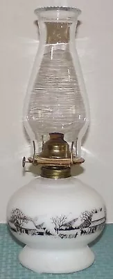 1960s Currier & Ives 14 7/8  Milk Glass Oil Lamp With Clear Glass Chimney • $21.42