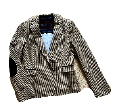 Zara Ladies Elbow Patch Blazer Jacket M Brown Blogger Country Houndstooth UK 10 • £34.79