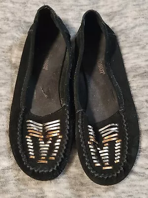 Minnetonka Black Suede Moccasins Gold/Silver Accents 7.5 • £12.05