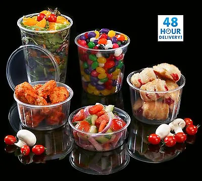 Round Food Containers Plastic Clear Storage Tubs With Lids Deli Pots Sauce Dip • £37.39