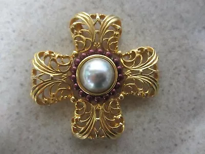 Vintage  Signed Napier Gold Tone Maltese Cross Pin Brooch With Faux Pearl • $26.50