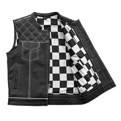 Men's Leather Vest White Checker & White Paisley Lining Concealed Waistcoat • $74.99