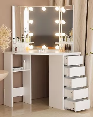 Makeup Corner Vanity Desk With Drawer Mirror And LightGirls Women Dresser Gift& • $158.99