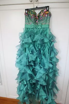 Sherri Hill Ball Gown Pageant Prom Dress Size 2 Green Ruffles Beads Stones GUC • $179.90