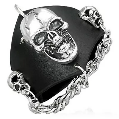 Black Leather Vampire Skull Chain Link Snap Wristband Mens Bracelet • $24.99