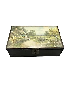 Vintage Wooden Mirrored Metal Trinket Box Cottage Scene • $37.73