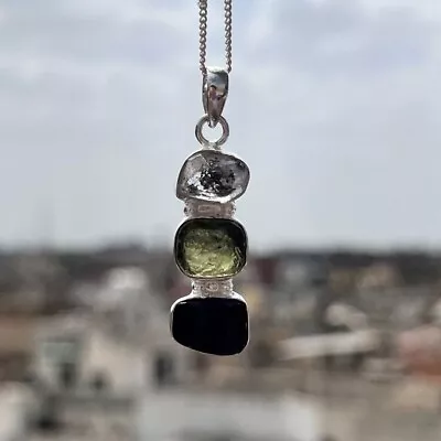 Moldavite Herkimer With Tourmaline Multi Stone Sterling Silver Pendant • $32.40