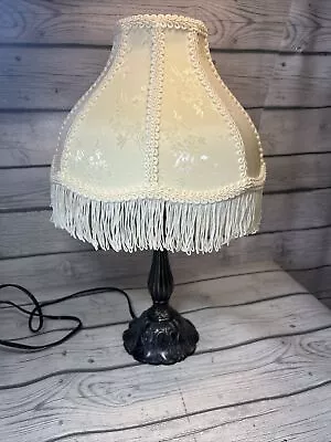 Victorian Fringe Boudoir Lamp Off SILK Cream/Vintage ANTIQUE BRASS STYLE BASE • $45.90