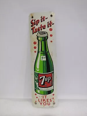 Vintage 7Up Door Push Advertising 9  Metal Sign Sip It Taste It Original • $264