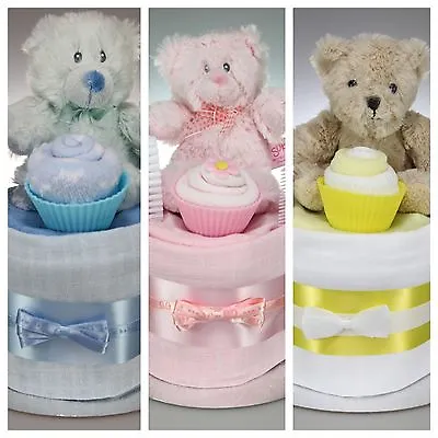 Cute 1 One Tier Nappy Cake With Teddy Baby Boy Girl Unisex New Born Baby Shower  • £13.99