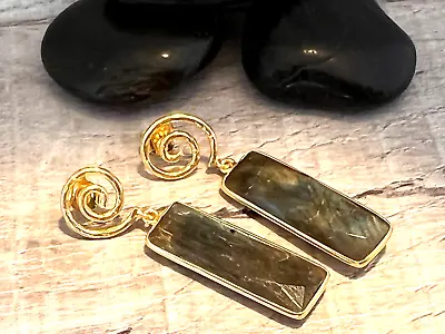 925 Sterling Silver Dangle Earrings Flashy Faceted Labradorite Gold Over Silver • $49