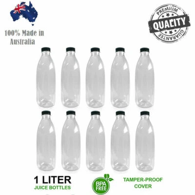 10X 1 Liter Clear Empty Bottle Transparent Round PET Black Lids Tamper Evident • $26.50