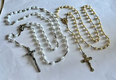 Vintage Religious Catholic Rosary Beads White Glass Beige Crucifix Lot Of 2 • $29.99