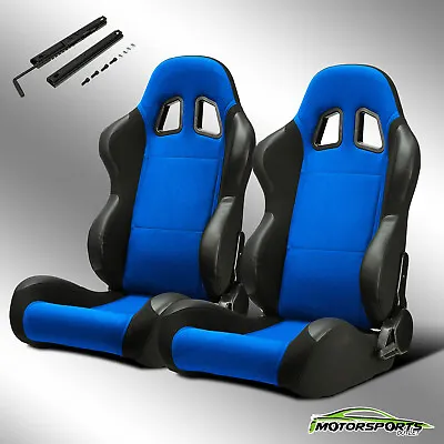 Black/Blue Reclinable PVC Patches Fabric Pineapple Racing Seats W/Slider Pair • $299.98