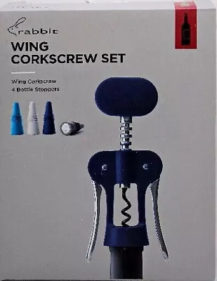 BLACK Rabbit Wing Corkscrew Set With 4 Multi-Colored Bottle Stoppers • $18.88