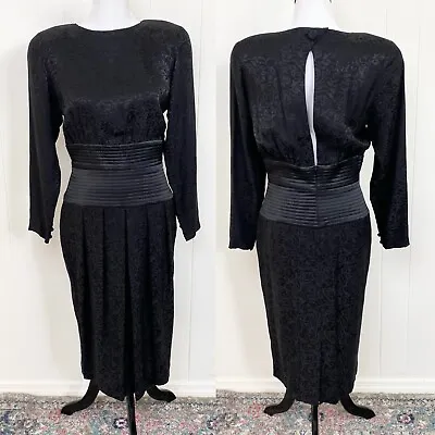 VTG Silk Studio 100% Silk Midi Sheath Dress Black Rose Print Sz 10 Long Sleeve • $44.99