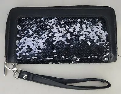 Unbranded Black & Silver Flip Sequin Zip Around Wallet Wristlet Clutch • $9.96