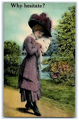 1911 Woman Big Hat Handwarmer Lake Scene Branch Pennsylvania PA Antique Postcard • $9.72