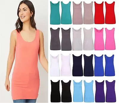 Womens Round Scoop Sexy Neck Sleeveless Long Stretch Plain Vest Top Yoga  Sports • £6.49