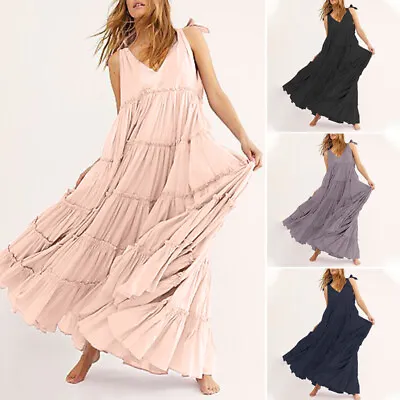 Womens Sleeveless Ruffled Flared Pleated Maxi Dress Swing Long Dresses Sundress • £17.09