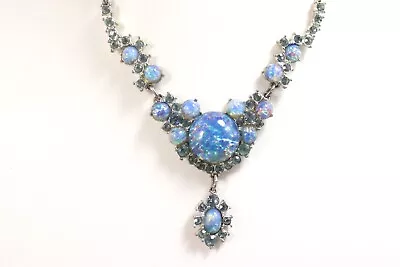 Vintage Signed Miracle Opalescent Blue Opal GLASS Mid Century Necklace • $175