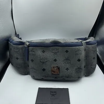 MCM Large Visetos Phantom Grey Triple Pocket Sling Belt Bag • $230