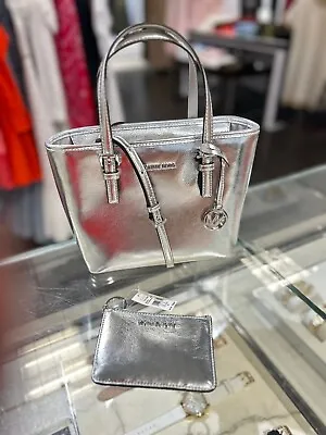 Michael Kors Women Tote Satchel Handbag Purse Bag + Coin Pouch Keychain Silver • $117