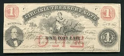 October 21 1862 $1 Virginia Treasury Note Richmond Va Obsolete Note Very Fine+ • $39.95