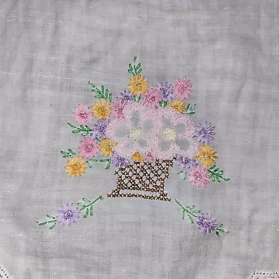 Vtg Embroidered Dresser Scarf~Table Runner~Flower Basket~Crochet Cottage Core • $14.95