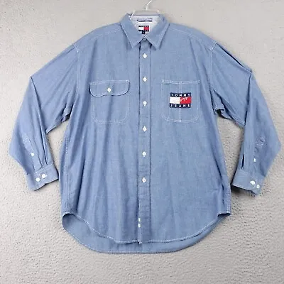 Vintage Tommy Hilfiger Shirt Sz M Blue Chambray Denim Mens Button Up Flag Logo • $27.29