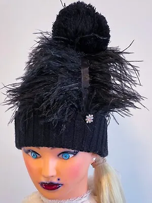 Black Ostrich Feathers Veil Netted Beanie Hat Jewel Rhinestone    • $45