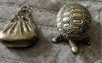 Vintage Silver Plated Tortoise Pill Box + Silver Plated Purse Pill Box • $55